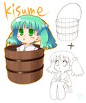  buchiko bucket green_eyes green_hair hair_bobbles hair_ornament in_bucket in_container kisume touhou wooden_bucket 