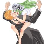  1girl arms_up arrancar bleach bodai closed_eyes facial_mark green_hair hug kiss kurosaki_ichigo leg_lock long_hair long_legs nelliel_tu_odelschwanck promotions skirt skull torn_clothes 