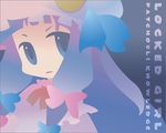  blue_bow bow character_name chibi crescent frills hair_bow hat inuinui looking_at_viewer mob_cap multi-tied_hair patchouli_knowledge pink_bow purple_hair red_bow solo tareme text_focus touhou upper_body 