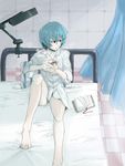  ayanami_rei bad_id bad_pixiv_id bed blue_hair book curtains neon_genesis_evangelion niimori_hiroshi pale_skin shirt solo tea 