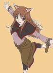  animal_ears brown_hair flat_color holo long_hair misnon_the_great no_socks red_eyes solo spice_and_wolf wolf_ears work_in_progress 