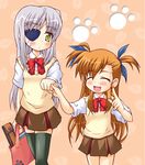  bag brown_hair cinque_(nanoha) closed_eyes eyepatch lyrical_nanoha mahou_shoujo_lyrical_nanoha_vivid multiple_girls numbers_(nanoha) ribbon school_uniform serafuku silver_hair skirt st._hilde_academy_of_magic_uniform sweater_vest thighhighs tsukishima_makoto vest vivio yellow_eyes 