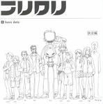  6+boys amarao baseball_cap canti crossed_arms flcl glasses greyscale hands_in_pockets haruhara_haruko hat highres jacket labcoat long_hair long_sleeves looking_at_viewer machinery manabe_gaku masamune_masashi monochrome multiple_boys multiple_girls nandaba_kamon nandaba_naota nandaba_shigekuni nandaba_tasuku ninamori_eri non-web_source official_art pants pleated_skirt pout robot sadamoto_yoshiyuki samejima_mamimi short_hair silhouette_demon simple_background skirt smile standing white_background wrinkles zipper 