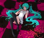  aqua_eyes aqua_hair bangs bed_sheet black_legwear black_ribbon bracelet breasts checkered convenient_leg dress feet full_body green_hair hair_ribbon hatsune_miku headphones headphones_removed jewelry knees_up long_hair looking_at_viewer lying neck_ribbon no_shoes on_back on_bed parted_lips petals red_ribbon redjuice ribbon short_dress short_sleeves small_breasts smile solo supercell swept_bangs thighhighs twintails very_long_hair vocaloid w_arms world_is_mine_(vocaloid) zettai_ryouiki 