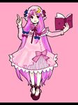  adapted_costume ankle_lace-up bad_id bad_pixiv_id book bow capelet cross-laced_footwear hair_bow hat letterboxed long_hair open_mouth patchouli_knowledge pink_background pink_bow pointing pointing_up purple_hair ribbon simple_background smile solo standing sweatdrop tan_(tangent) touhou very_long_hair 
