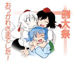  golden_pe_done hat hug inubashiri_momiji kawashiro_nitori multiple_girls shameimaru_aya touhou translated two_side_up 