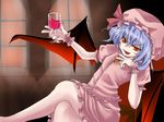  alcohol bat_wings blue_hair crossed_legs cup drinking_glass glass hat panda90 remilia_scarlet ribbon short_hair sitting solo touhou wine wine_glass wings 