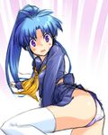  aonagi_hayate ass bad_id bad_pixiv_id blue_hair blush botan_(yuu_yuu_hakusho) fang looking_back panties ponytail purple_eyes purple_panties school_uniform skirt skirt_lift solo thighhighs underwear white_legwear yuu_yuu_hakusho 