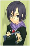  food glasses kure-nai long_sleeves looking_at_viewer murakami_ginko nabeshiki_(rakuneko_yashiki) purple_scarf scarf school_uniform simple_background solo upper_body 