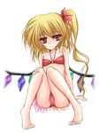  barefoot bikini blonde_hair bow danshaku flandre_scarlet flat_chest hair_bow hand_on_own_knee knees_together_feet_apart long_hair o-ring o-ring_top one_side_up open_mouth red_bikini red_eyes simple_background sitting solo swimsuit toes touhou white_background wings 