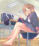 +_+ :d bag bare_legs barefoot black_jacket black_skirt blush brown_hair chair classroom clothes_lift colored_inner_hair commentary crossed_legs desk fang feet full_body green_eyes highres indoors jacket kyarahiba legs long_sleeves looking_at_viewer multicolored_hair neck_ribbon oka_asahi on_chair onii-chan_wa_oshimai! open_mouth orange_hair red_ribbon ribbon school_bag school_chair school_desk school_uniform short_hair sitting skirt skirt_lift smile toes two-tone_hair two_side_up 