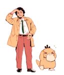  &gt;_&lt; 1boy belt black_footwear black_hair brown_pants coat collared_shirt columbo columbo_(detective) flying_sweatdrops hand_on_own_forehead hand_on_own_hip hand_up highres necktie pants petitcroc pokemon pokemon_(creature) psyduck shirt short_hair simple_background sketch white_background white_shirt yellow_coat 