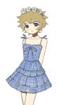  1boy alternate_costume arms_behind_back basil_(faraway)_(omori) basil_(omori) blonde_hair blue_dress blue_eyes blush collarbone dress flower head_wreath highres nose_blush omori otoko_no_ko plaid plaid_dress pokimiss solo sundress white_background 