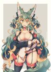  1girl animal_ear_fluff animal_ears black_panties breasts cleavage green_eyes green_hair highres kuromiya kuromiya_raika long_hair looking_at_viewer multicolored_hair open_mouth orange_hair original panties smile solo tail two-tone_hair underwear 