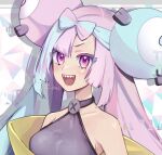  1girl blue_eyes blurry bow-shaped_hair breasts character_hair_ornament depth_of_field hair_ornament hand_up highres iono_(pokemon) jacket long_hair looking_at_viewer low-tied_long_hair magnemite multicolored_hair open_mouth oversized_clothes pokemon pokemon_sv sharp_teeth single_leg_pantyhose sleeves_past_fingers sleeves_past_wrists smile split-color_hair teeth two-tone_hair very_long_sleeves yamada_momoyama yellow_jacket 