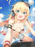  albacore_(azur_lane) azur_lane balloon bikini blonde_hair blue_sky breasts collarbone green_eyes headphones heart_balloon highres long_hair makina9696 micro_bikini outdoors sky small_breasts striped_bikini striped_clothes swimsuit untied_bikini_bottom wardrobe_malfunction 