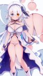  1girl :3 absurdres animal_ears ass_visible_through_thighs beret black_choker blue_eyes breasts choker cleavage e-note hat heterochromia highres large_breasts long_hair navel original solo standing tail white_footwear white_hair white_headwear yellow_eyes 