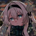  1girl black_hairband black_ribbon blue_eyes blue_pupils blurry blurry_foreground blush bow close-up closed_mouth cloud cloudy_sky dot_nose firefly_(honkai:_star_rail) green_scarf grey_hair hair_between_eyes hair_bow hair_intakes hair_ribbon hairband highres honkai:_star_rail honkai_(series) long_hair looking_at_viewer night outdoors portrait ribbon scarf sidelocks sky smile solo striped_clothes striped_scarf white_bow yuutomin 