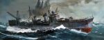  day destroyer giant giant_monster godzilla godzilla_(minus_one) godzilla_(series) godzilla_minus_one highres kaijuu mast military_vehicle ocean outdoors ship smokestack spines takeshima_satoshi vehicle_focus warship watercraft waves yukikaze_(destroyer) 