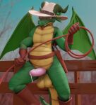absurd_res anthro balls belly belt blender_(software) blender_eevee bodily_fluids boots brown_boots brown_clothing brown_footwear clothing cowboy cowboy_hat cum cum_drip dragon dripping erection footwear forked_tongue genital_fluids genitals grabbing green_body hat headgear headwear henry_(henrycharizardboi) henrycharizardboi hi_res humanoid_genitalia humanoid_penis male penis reptile rope scalie solo tongue tongue_out vein veiny_penis western western_dragon white_clothing white_hat white_headwear yellow_belly yellow_eyes