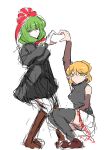  2girls absurdres bare_shoulders black_thighhighs blonde_hair boots bow brown_footwear burijittou front_ponytail hair_bow hair_ribbon highres kagiyama_hina mizuhashi_parsee multiple_girls pointy_ears red_bow red_eyes red_ribbon ribbon smile thighhighs touhou unfinished white_background yuri 