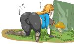  1girl all_fours ass ass_focus black_gloves black_pants blonde_hair blue_shirt blush boots braid breasts brown_footwear cameltoe censored champion&#039;s_tunic_(zelda) fingerless_gloves from_behind gloves grass hanging_breasts highres huge_ass impossible_clothes kanden-ki knee_boots link long_hair mosaic_censoring mushroom on_ground pants pointy_ears princess_zelda puckered_anus sagging_breasts shirt sketch skin_tight solo the_legend_of_zelda the_legend_of_zelda:_breath_of_the_wild thick_thighs thighs tight_clothes tight_pants wide_hips 