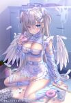  1girl angel_wings apron blue_jacket blue_nails breasts buckle can chopsticks commentary_request cup_ramen doughnut feathered_wings feathers food food_on_face frilled_apron frills grey_hair hair_ornament hairclip halo holding holding_food indoors jacket jersey_maid leg_warmers long_hair long_sleeves looking_at_viewer maid maid_headdress medium_breasts milk_carton nail_polish navel on_floor original parted_lips pill puffy_long_sleeves puffy_sleeves sitting sleeves_past_wrists snap-fit_buckle solo spill toenail_polish toenails track_jacket two_side_up unconventional_maid very_long_hair white_apron white_feathers white_wings wing_hair_ornament wings x_hair_ornament yokozuwari yuyuko_(yuyucocco) 