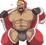  1boy abs bara beard belt black_belt black_gloves black_hair blonde_hair blush body_hair bulge crave_saga crotch_zipper facial_hair fur_trim gloves grin hat highres kaeru333938123 large_bulge large_pectorals male_focus mature_male multicolored_hair muscular muscular_male mustache nipples noche_(crave_saga) official_alternate_costume old old_man one_eye_closed pectorals santa_costume santa_hat short_hair simple_background smile solo squatting strongman_waist superman_exposure thick_eyebrows thick_mustache thick_thighs thighhighs thighs two-tone_hair white_background wink_heart zipper 