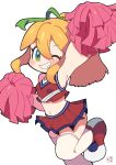  1girl blonde_hair breasts chibi crop_top green_eyes green_ribbon hair_ribbon highres looking_at_viewer mega_man_(classic) mega_man_(series) miyata_(lhr) navel one_eye_closed parted_lips pom_pom_(cheerleading) red_skirt ribbon roll_(mega_man) short_hair short_ponytail simple_background skirt small_breasts solo teeth thighhighs white_background white_thighhighs 