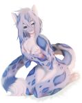 4_toes 5_fingers anthro bethesda_softworks blue_body blue_eyes blue_hair blue_spots breasts chest_tuft claws covered_breasts digital_media_(artwork) feet felid feline female fingers front_view fur grey_body grey_fur hair hi_res inner_ear_fluff khajiit leopard long_hair looking_at_viewer mammal markings nude nude_female pantherine pawpads simple_background sitting snow_leopard solo spots spotted_body spotted_fur tail the_elder_scrolls toes tuft valeris white_background white_body white_fur