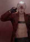  1boy belt_bra blood blood_in_hair blood_on_face blue_eyes coat dante_(devil_may_cry) devil_may_cry_(series) devil_may_cry_3 fingerless_gloves gloves highres kiwi_scorner looking_at_viewer male_focus red_coat smile solo white_hair 