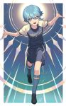  1boy angel_wings blue_eyes dolustoy eyebrows_visible_through_hair full_body hair_between_eyes highres looking_at_viewer male_focus open_mouth saotome_seiya shorts silver_hair smile soccer_uniform solo sportswear wings 