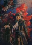  1boy 1girl ascot blood blood_stain bloodborne blue_eyes burial_blade coat double-blade gehrman_the_first_hunter gem gloves hat hat_feather highres holding holding_weapon lady_maria_of_the_astral_clocktower long_hair looking_at_viewer ponytail rakuyo_(bloodborne) scarf scythe short_hair smile sword top_hat tricorne weapon white_ascot white_hair yujia0412 