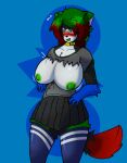 anthro bottomwear breast_expansion breasts chromer.exe chromer_exe clothing collar domestic_cat erection erection_under_skirt expansion exposed_breasts felid feline felis green_eyes green_hair green_nipples gynomorph hair intersex mammal nipples shirt skirt solo topwear torn_clothing torn_shirt torn_topwear