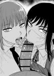  1boy 2girls :&gt;= absurdres bar_censor blunt_bangs censored chainsaw_man collared_shirt cooperative_fellatio cross_scar fellatio greyscale hetero highres kaiman_garupan licking licking_penis long_hair looking_at_viewer makima_(chainsaw_man) monochrome multiple_girls neck_ribbon necktie open_mouth oral penis pov pov_crotch ribbon ringed_eyes saliva scar scar_on_cheek scar_on_face school_uniform shirt sidelocks sweat tongue tongue_out yoru_(chainsaw_man) 