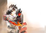  arisu_(nine_avenue) armor bad_id bad_pixiv_id belt black_armor black_hair blade_master_(elsword) coat dual_persona elsword gauntlets gloves kiss male_focus mechanical_arm multicolored_hair raven_(elsword) reckless_fist_(elsword) selfcest spiked_hair streaked_hair two-tone_hair white_hair 