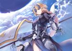  1girl absurdres armor armored_dress blonde_hair blue_sky braid braided_ponytail chain closed_mouth cloud commentary_request dress fate/apocrypha fate/grand_order fate_(series) flag floating_hair headpiece highres holding holding_flag jeanne_d&#039;arc_(fate) jeanne_d&#039;arc_(ruler)_(fate) long_hair looking_at_viewer pelvic_curtain plackart purple_dress purple_eyes sky solo sword very_long_hair weapon yanagi_marie 