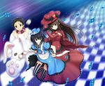  2girls 33paradox animal_costume aozaki_aoko bad_id bad_pixiv_id black_eyes black_hair blue_eyes brown_eyes brown_hair bunny_costume dress elbow_gloves gloves gown hat highres kuonji_alice long_hair mahou_tsukai_no_yoru multiple_girls shizuki_soujuurou short_hair striped striped_legwear thighhighs top_hat vertical-striped_legwear vertical_stripes wavy_mouth 