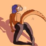 absurd_res anthro argonian bethesda_softworks blue_eyes blue_hair bodily_fluids clothing desert feather_hair feathers female foxmelra genital_fluids genitals hair hajjeke heat_(temperature) hi_res legwear orange_body orange_scales pantyhose pit_organ pseudo_hair pussy scales scalie solo spread_legs spreading the_elder_scrolls the_elder_scrolls_online thight_clothing underwear vaginal_fluids wet wet_clothing wet_underwear