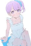  1girl arm_support bare_arms bare_shoulders blunt_bangs bright_pupils closed_mouth commentary_request dress frilled_dress frills hair_ornament hair_scrunchie highres homefuji looking_at_viewer manaka_non manaka_non_(normal) pretty_series pripara purple_eyes purple_hair scrunchie short_hair side_ponytail sitting sleeveless sleeveless_dress solo white_background white_dress white_pupils 