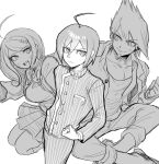  1girl 2boys ahoge akamatsu_kaede breasts buttons closed_mouth collarbone danganronpa_(series) danganronpa_v3:_killing_harmony facial_hair goatee greyscale hair_between_eyes hair_ornament highres hiro_(h1pvx) jacket kneehighs large_breasts long_hair momota_kaito monochrome multiple_boys musical_note musical_note_hair_ornament open_clothes open_jacket open_shirt pants saihara_shuichi shirt short_hair smile socks spiked_hair striped_clothes striped_jacket vest 