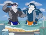 absurd_res beach bulge city generation_8_pokemon hi_res justagoodboy macro micro muscular nintendo obstagoon pokemon pokemon_(species)