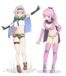  2girls :d ahoge anklet arm_up belt bikini black_gloves blonde_hair blue_eyes blue_hairband blush boots brown_belt brown_eyes brown_footwear closed_mouth detached_sleeves elbow_gloves fanny_pack full_body gloves grass green_bikini green_panties hairband hand_on_own_hip highres jewelry long_hair looking_at_viewer multiple_girls navel original outstretched_arms pa._(tatuya28001) panties pink_bikini pink_hair pink_sleeves ponytail purple_eyes short_hair shoulder_pads sidelocks simple_background smile standing swimsuit thigh_strap two-tone_bikini underwear white_background 