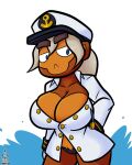 admiral_brickell anthro big_breasts bloons_tower_defense blue_background blue_clothing blue_eyes blue_panties blue_underwear breasts brown_body brown_fur cleavage cleavage_overflow clothed clothing eyebrows feetfish female fur grey_hair hair haplorhine hat headgear headwear hi_res huge_breasts mammal monkey navy_uniform ninja_kiwi panties primate simple_background solo thick_eyebrows thick_thighs topwear underwear white_background white_clothing white_hat white_headwear white_topwear wide_hips