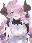  1girl apron black_sweater blue_eyes blush bow braid breasts brown_horns candy chocolate cleavage_cutout clothing_cutout commentary crown_braid draph dress food frilled_apron frills granblue_fantasy hair_bow hair_ornament hair_over_one_eye heart heart-shaped_chocolate heart-shaped_pupils heart_cutout heart_hair_ornament highres holding holding_chocolate holding_food horns large_breasts long_hair looking_at_viewer low_twintails narmaya_(granblue_fantasy) narmaya_(valentine)_(granblue_fantasy) official_alternate_costume open_mouth pink_hair pointy_ears purple_bow simple_background smile solo star_v1sta sweater sweater_dress symbol-only_commentary symbol-shaped_pupils turtleneck turtleneck_sweater twintails white_background 