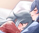  2girls alternate_costume bed_sheet blanket blue_eyes blue_hair blue_pajamas blush brown_background fu_hua fu_hua_(herrscher_of_sentience) grey_hair hair_between_eyes happy head_on_pillow honkai_(series) honkai_impact_3rd hug jingwei_(bird) long_hair long_sleeves lying_on_person multicolored_hair multiple_girls open_mouth pajamas pillow red_pajamas simple_background streaked_hair white_hair yunomi_(yunomi_hs) 