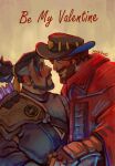  2boys bara beard black_hair blush brown_hair couple english_text eye_contact facial_hair from_side full_beard genji_(overwatch) hanzo_(overwatch) highres looking_at_another male_focus mature_male multiple_boys overwatch overwatch_1 ponytail profile thick_beard thick_eyebrows universenira upper_body valentine yaoi 