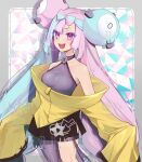  1girl absurdres blue_eyes blurry bow-shaped_hair breasts character_hair_ornament depth_of_field hair_ornament hand_up highres iono_(pokemon) jacket long_hair looking_at_viewer low-tied_long_hair magnemite multicolored_hair open_mouth oversized_clothes pokemon pokemon_sv sharp_teeth single_leg_pantyhose sleeves_past_fingers sleeves_past_wrists smile split-color_hair teeth two-tone_hair very_long_sleeves yamada_momoyama yellow_jacket 