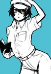  bad_id bad_pixiv_id belt book cabbie_hat hair_between_eyes hand_on_headwear hat hips looking_at_viewer majoccoid monochrome pants persona persona_4 shirogane_naoto short_hair solo wavy_hair 
