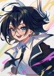  1girl :d ahoge artist_name black_hair black_jacket black_necktie blue_eyes blush bow collared_jacket collared_shirt cropped_torso dot_nose glasses hair_between_eyes hair_bow hair_intakes highres hyanna-natsu jacket long_sleeves looking_at_viewer necktie open_clothes open_jacket open_mouth original round_eyewear shirt sidelocks smile solo teeth upper_teeth_only white_bow white_shirt zipper 